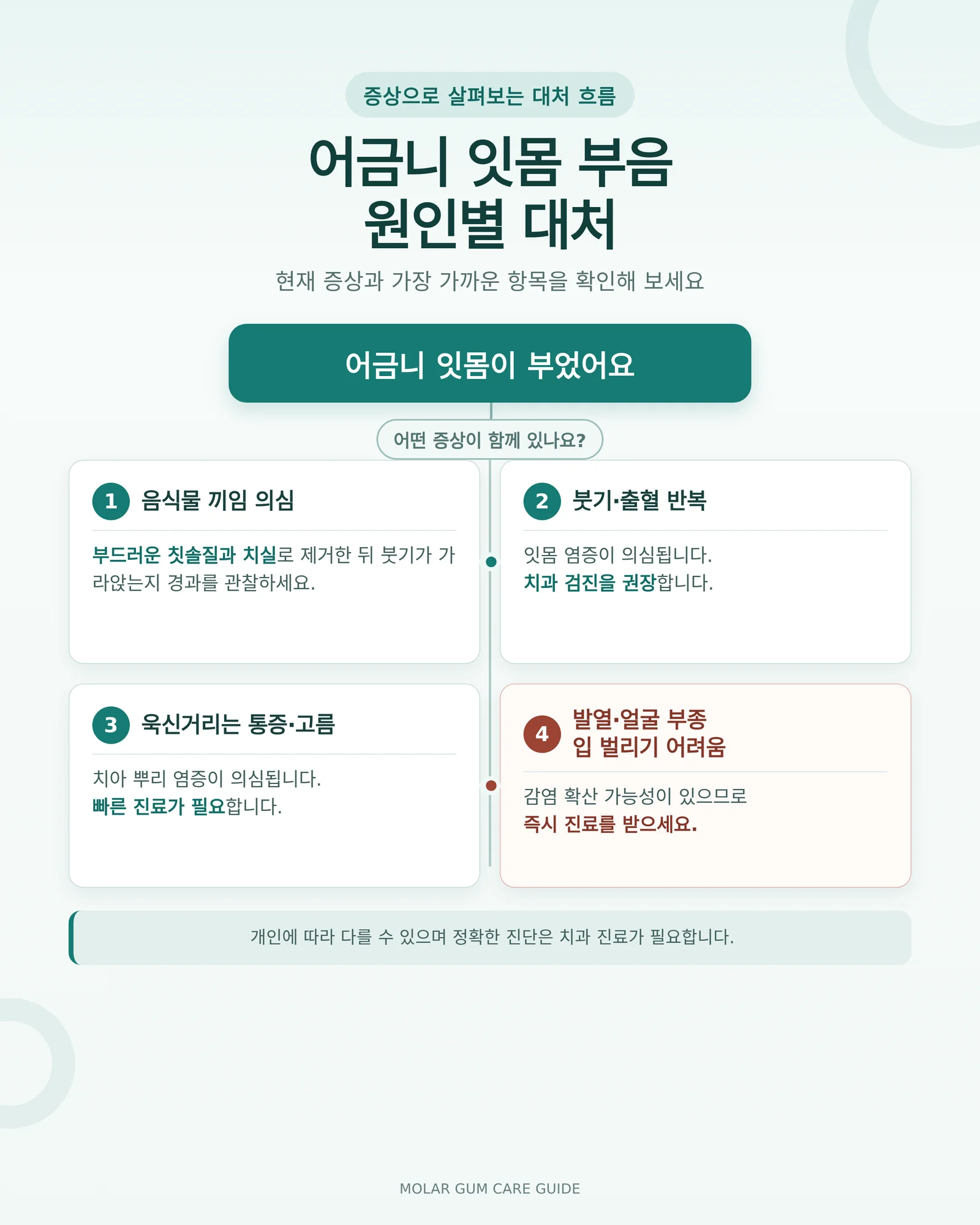 어금니 잇몸 부음 원인별 대처 흐름도